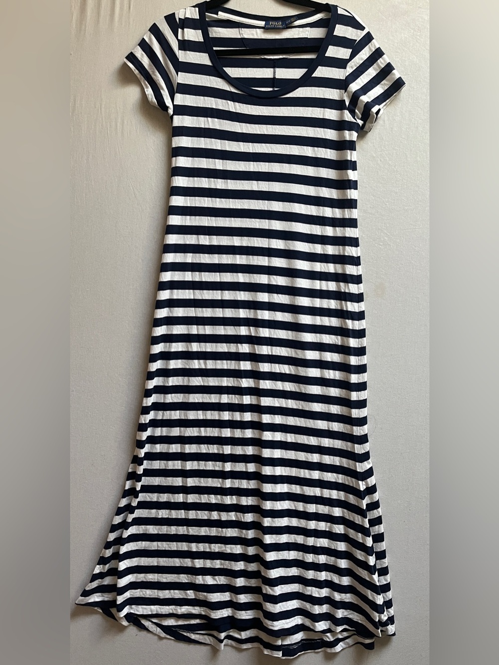 Polo Ralph Lauren Navy Blue White Striped Short Sleeve Cotton Maxi Dress Size M